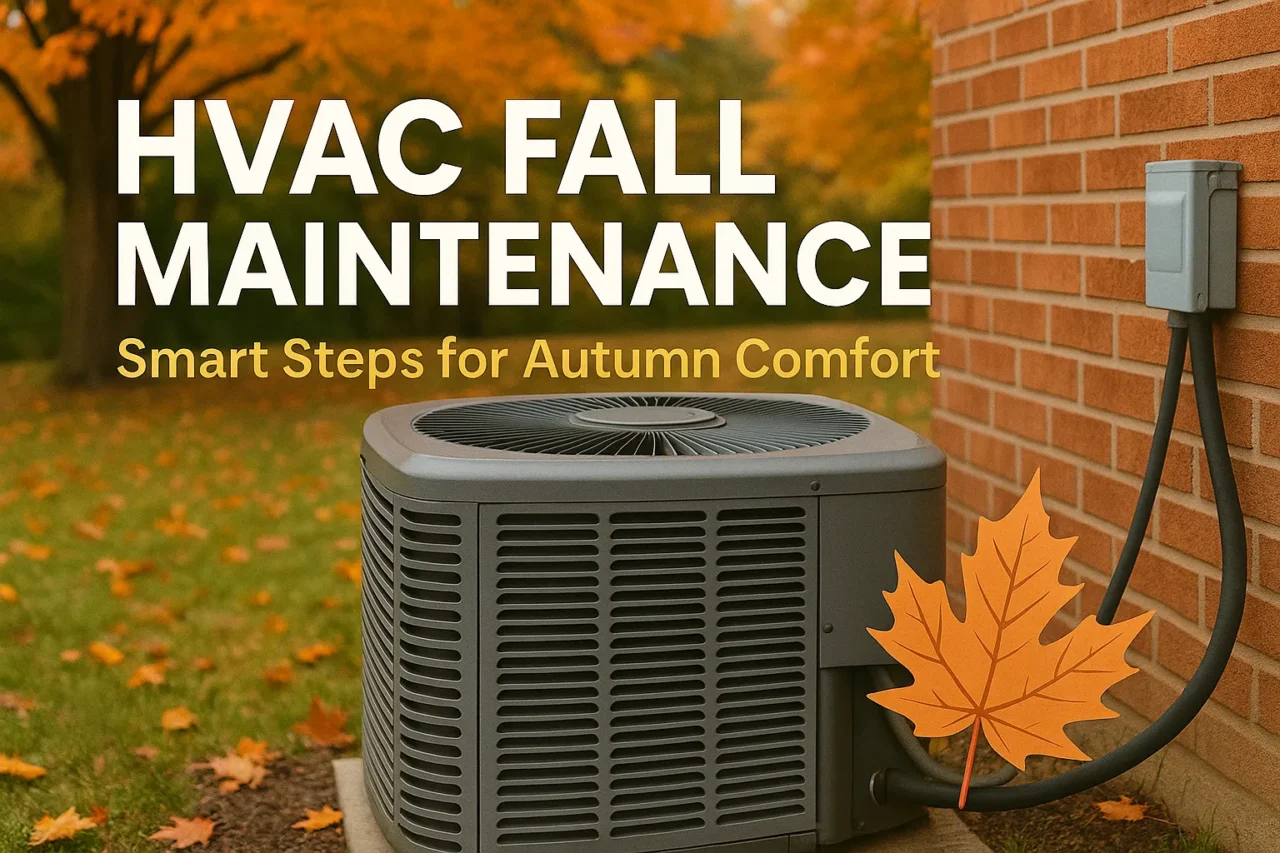 HVAC unit with fall leaves around it, symbolizing seasonal HVAC fall maintenance and preparation for colder weather.