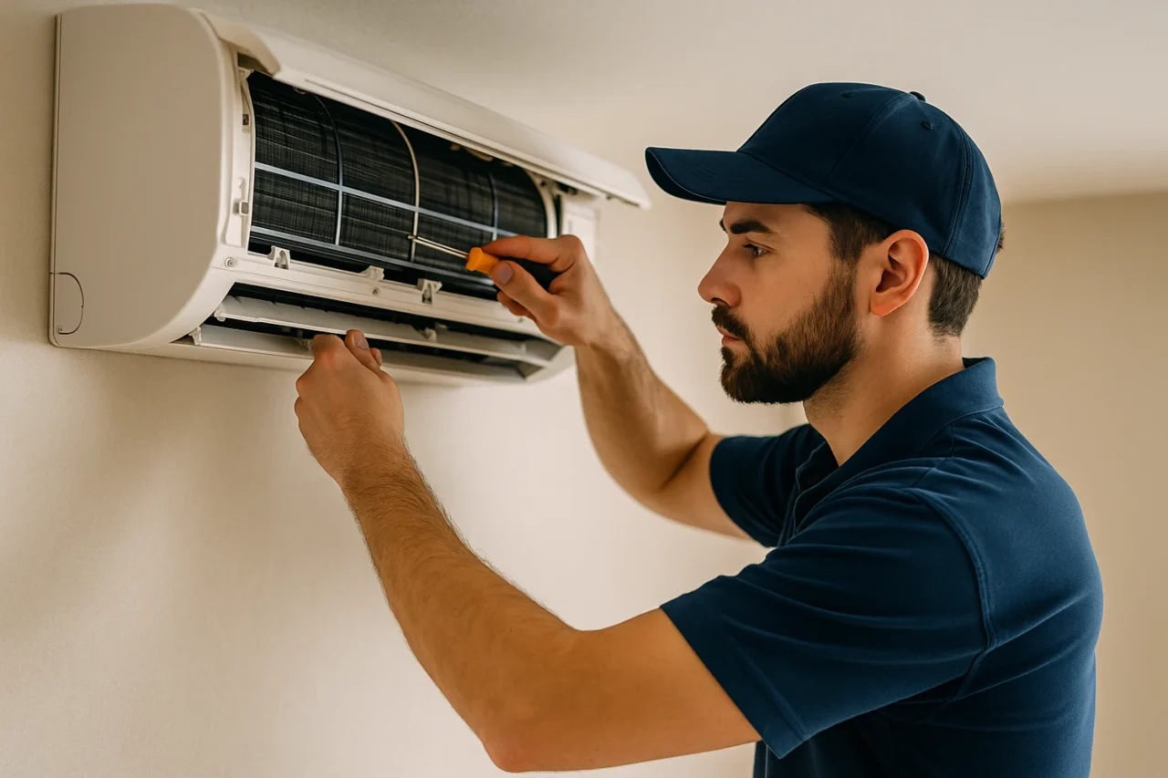 Technician repairing a residential air handler during AC repair service by A Customer First AC