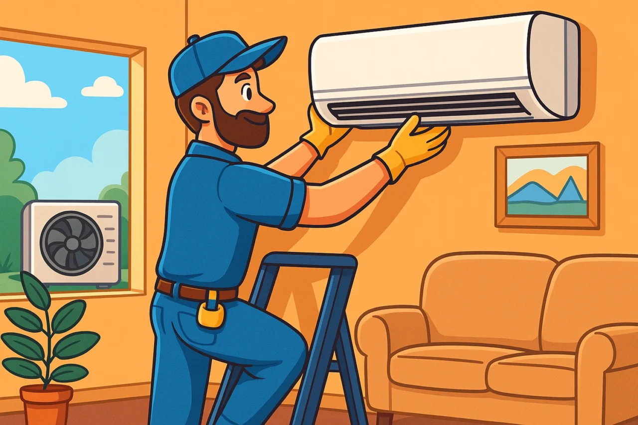 HVAC technician installing a ductless AC unit in a modern living room, ensuring efficient airflow and comfort.
