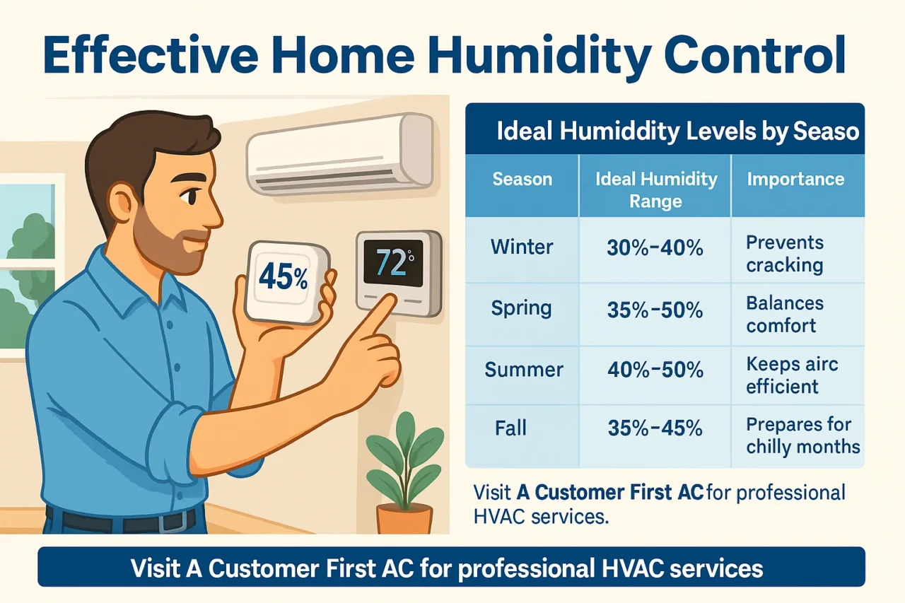 Technician adjusting thermostat for ideal home humidity control, showcasing HVAC air handler and indoor comfort optimization.