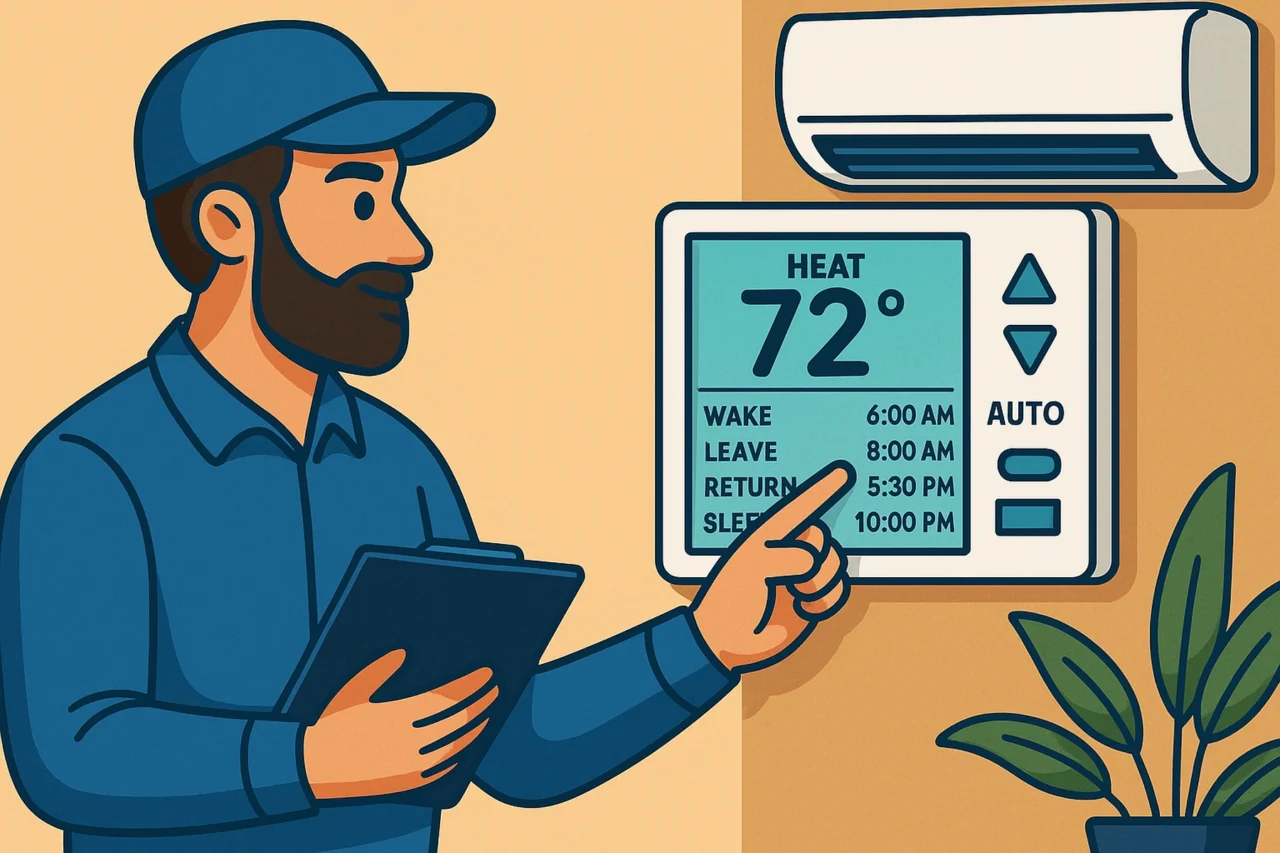 Technician adjusting a digital thermostat on a wall to optimize indoor comfort and air handler efficiency.