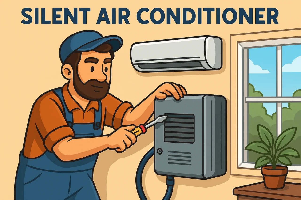 Cartoon technician installing a silent air conditioner inside a modern home to ensure quiet and efficient cooling.