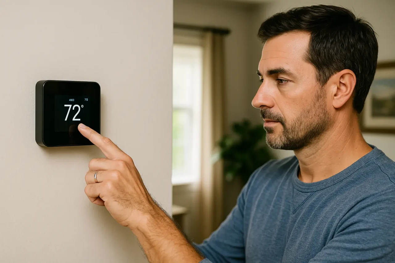 Man adjusting a smart thermostat on the wall to set the home temperature.