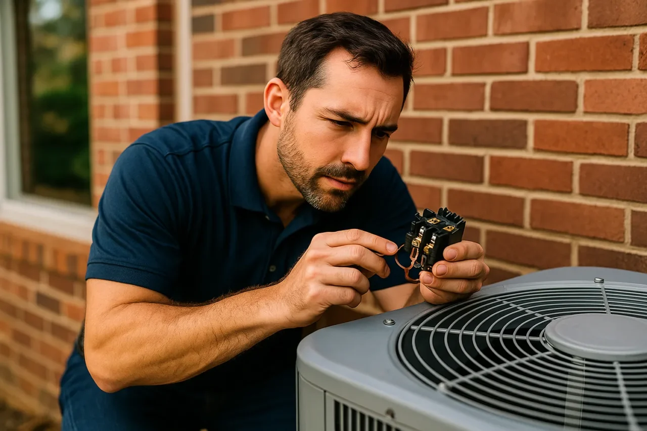 HVAC technician inspecting an air conditioner contactor on an outdoor unit