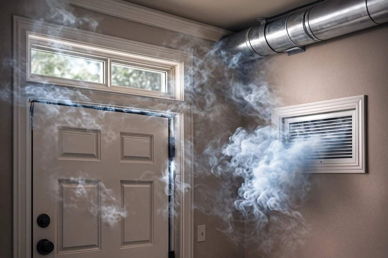Air leakage visible as smoke escaping around a door frame and air vent inside a home