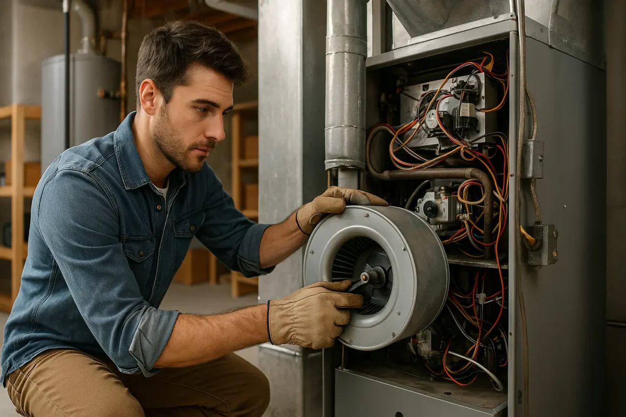 Technician repairing a furnace blower inside a home HVAC system