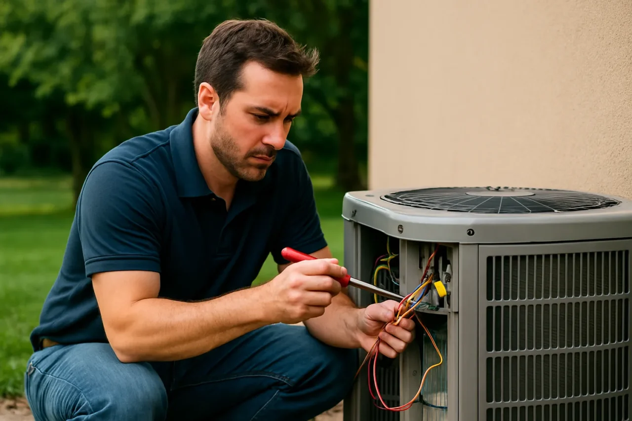 Technician performing heat pump repair on outdoor unit