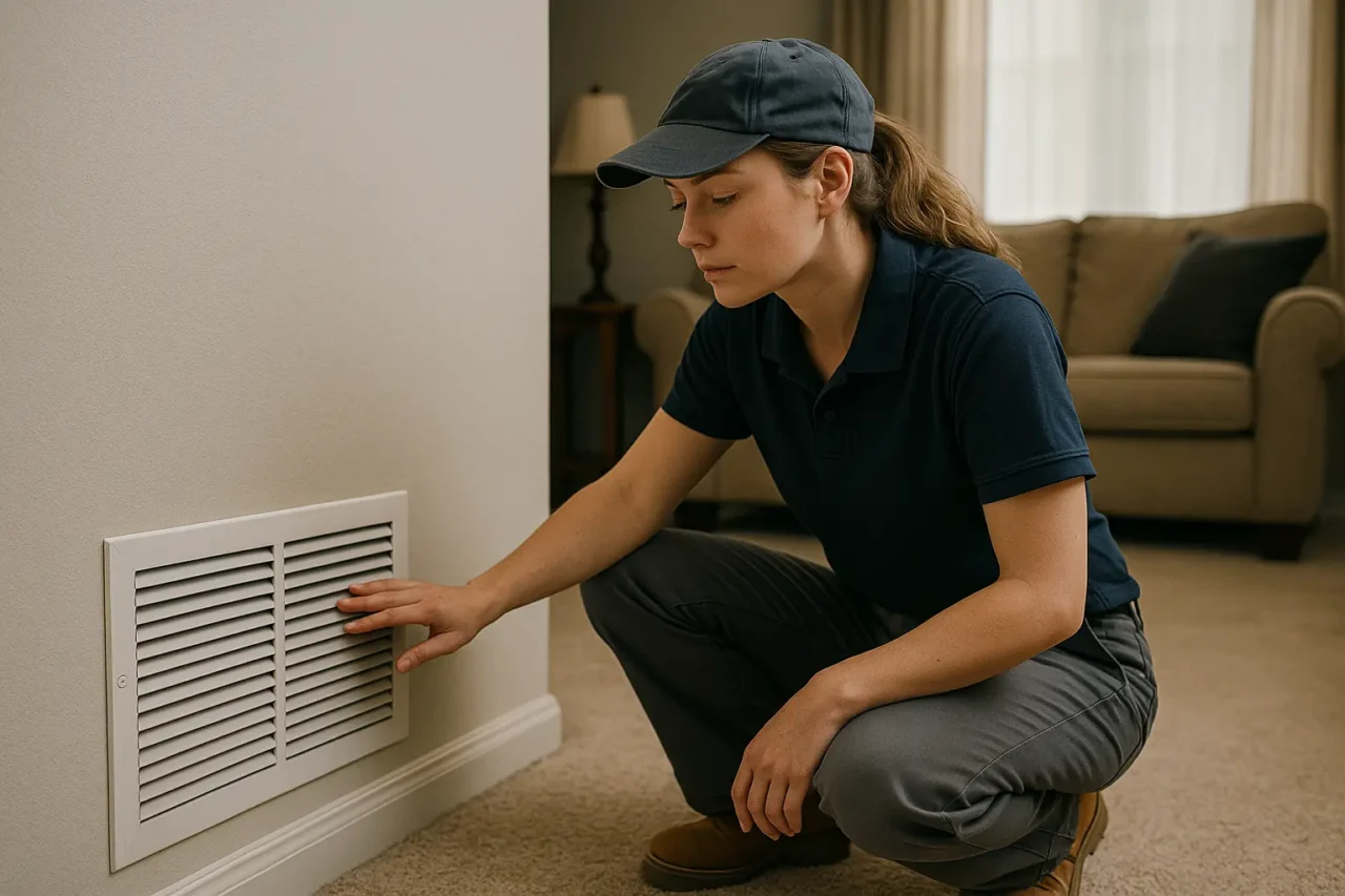 Female HVAC technician inspecting a home vent in a living room