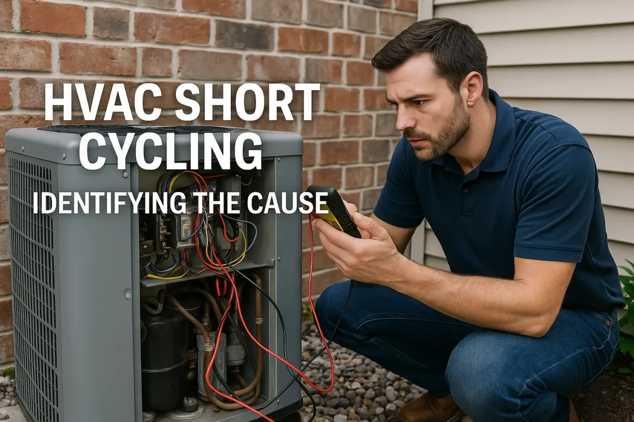 HVAC technician troubleshooting a system experiencing short cycling outdoors