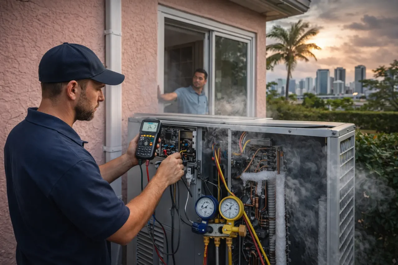 HVAC technician performing air conditioning repair in Miami home