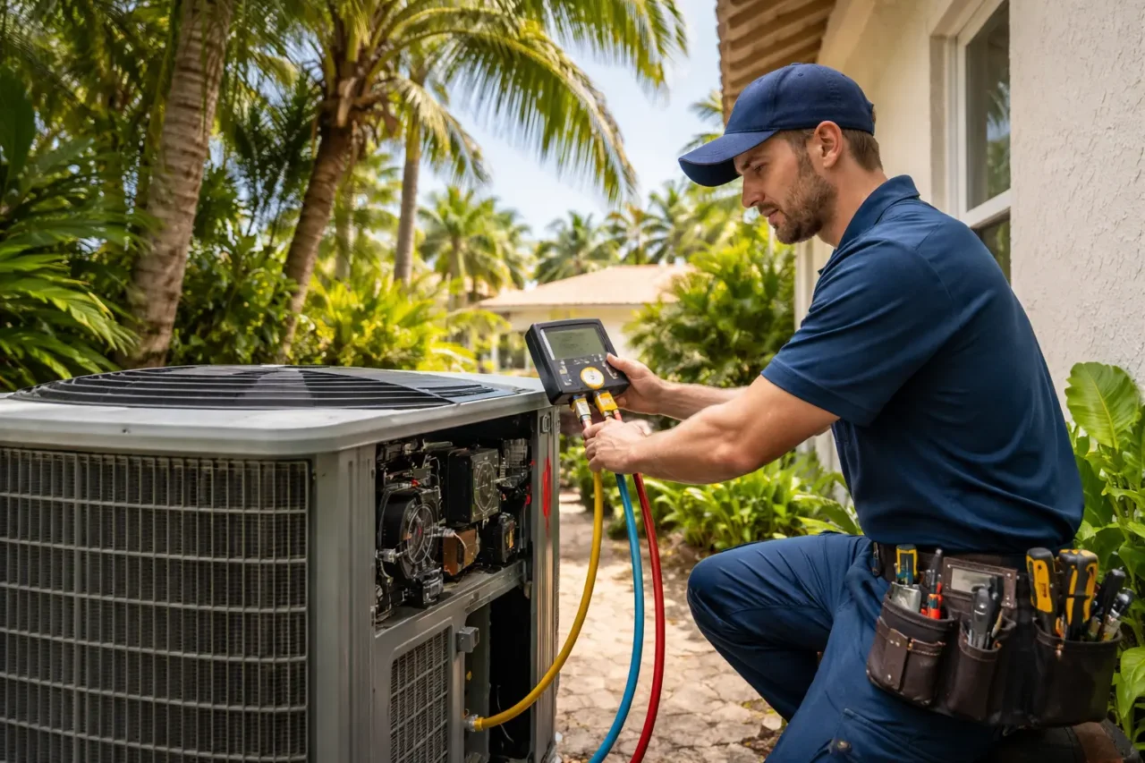 HVAC technician repairing an outdoor air conditioning unit