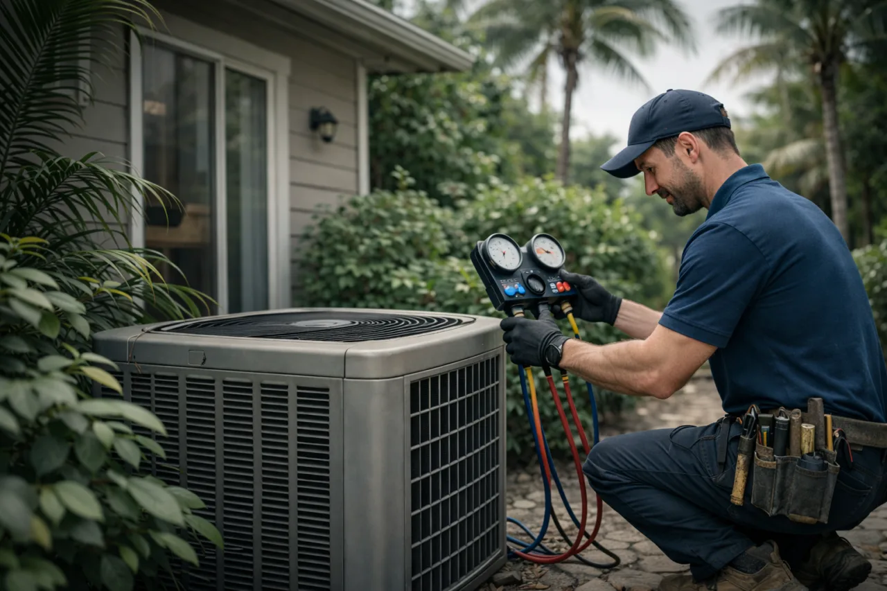 HVAC technician inspecting an outdoor air conditioning unit during a heating and cooling service