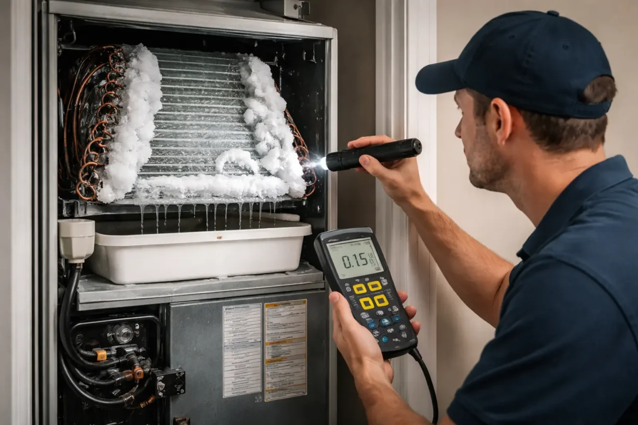 HVAC technician inspecting an air conditioner that is not blowing cold air