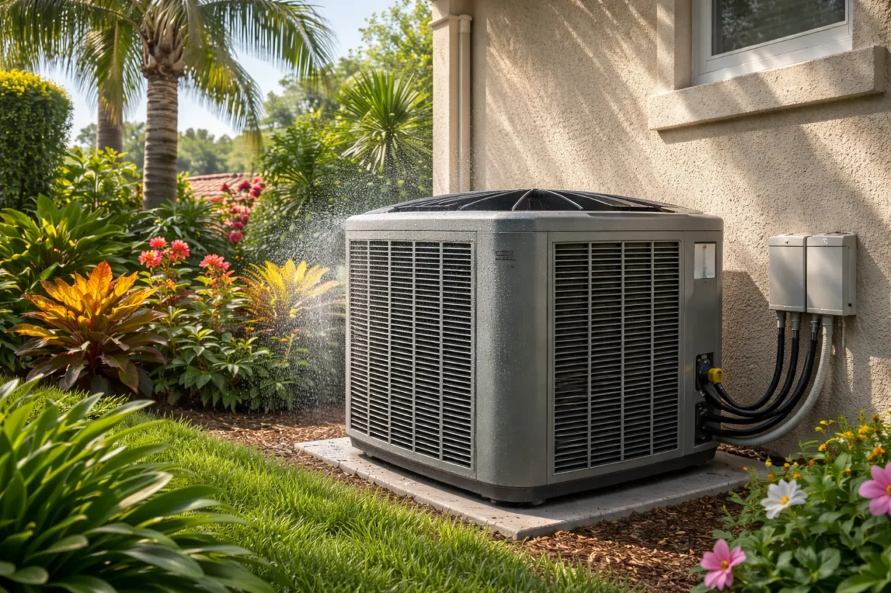 High-efficiency outdoor air conditioning unit installed beside a residential home