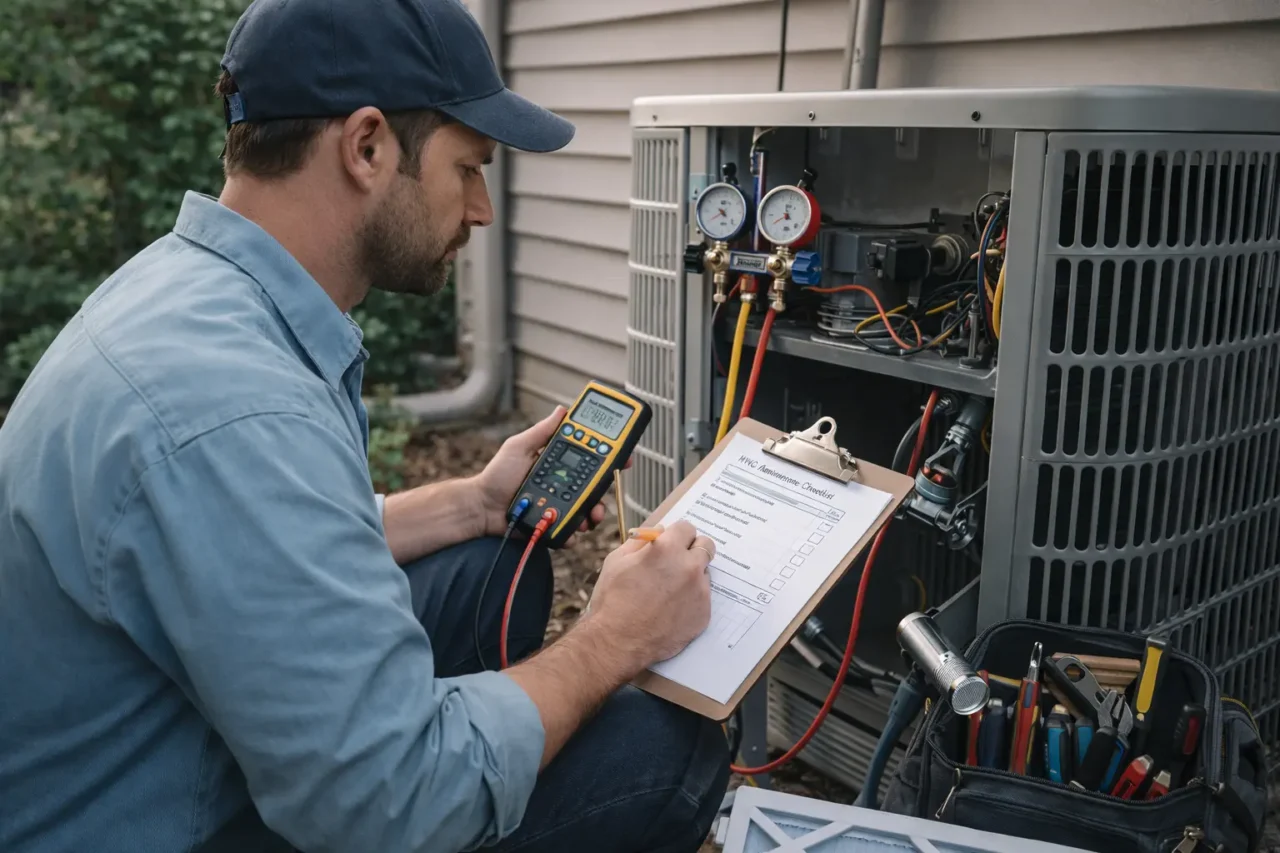 HVAC technician performing routine system maintenance and inspection
