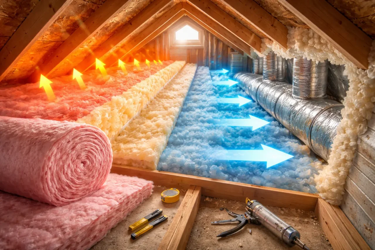 Attic insulation showing heat loss and cold air intrusion in a home