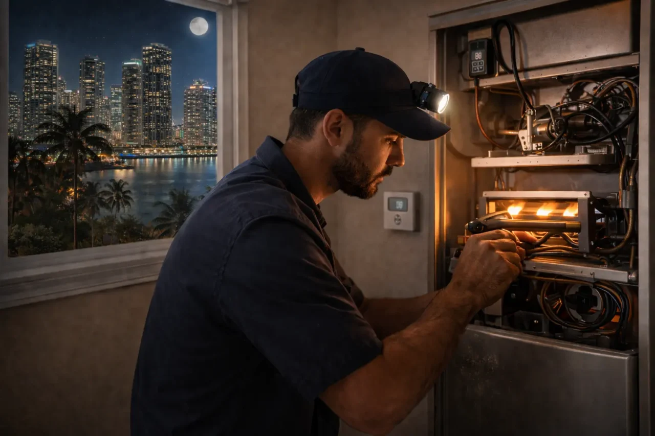 HVAC technician performing urgent furnace repair at night in a residential home