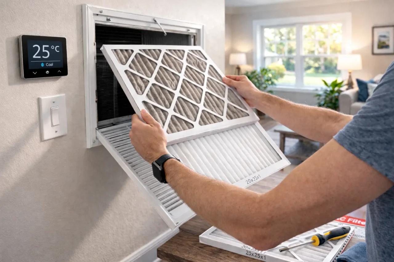 Homeowner replacing an AC return air filter in a Florida home