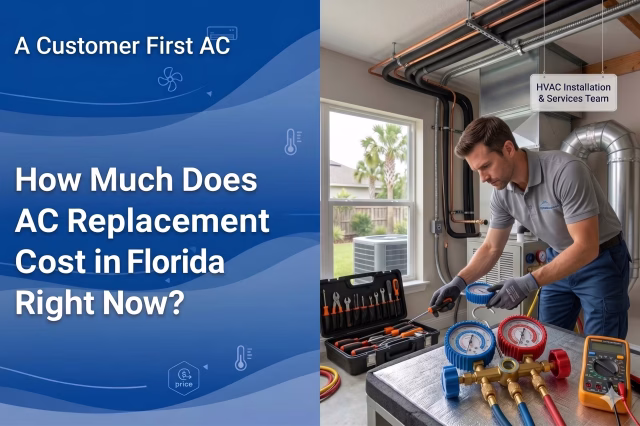 AC replacement cost in Florida - HVAC technician with gauges and tools during system evaluation