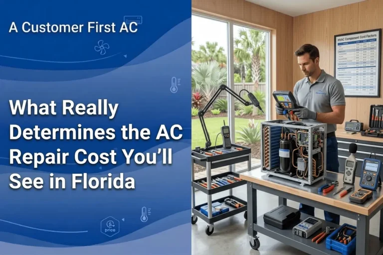 HVAC technician diagnosing an AC unit with a multimeter and diagnostic tools on a workbench, Florida outdoor scene through window