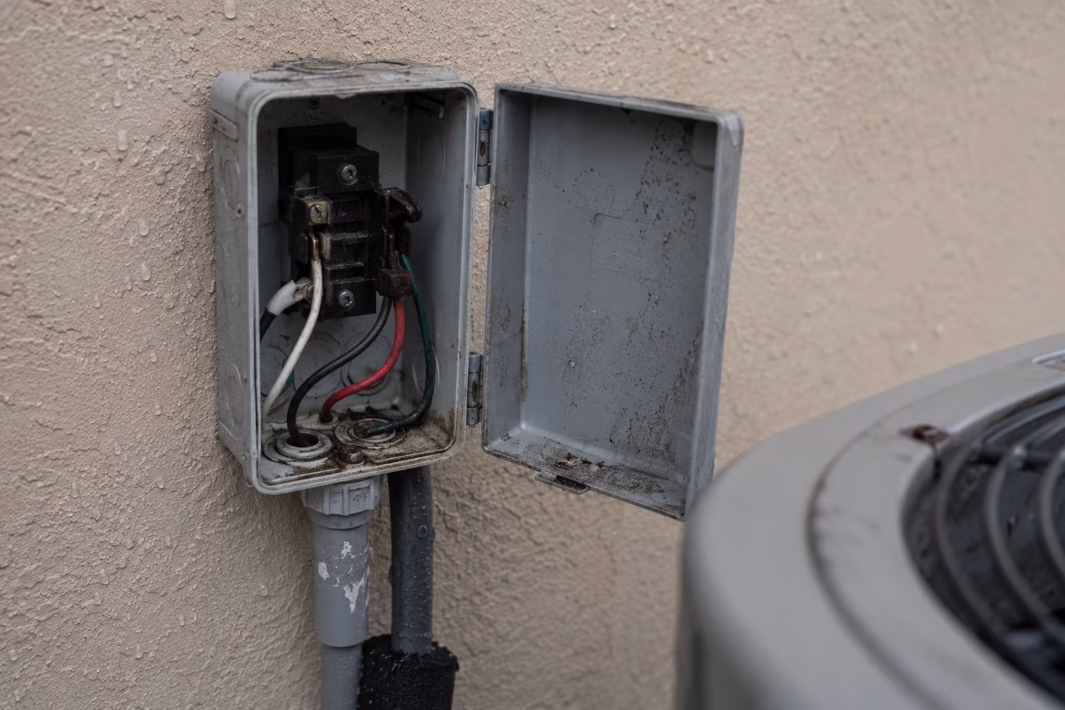 Open outdoor electrical disconnect box next to an AC unit after a Florida storm