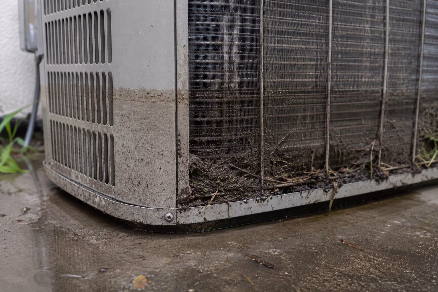 Muddy waterline stain on an AC condenser casing after hurricane flooding in Florida