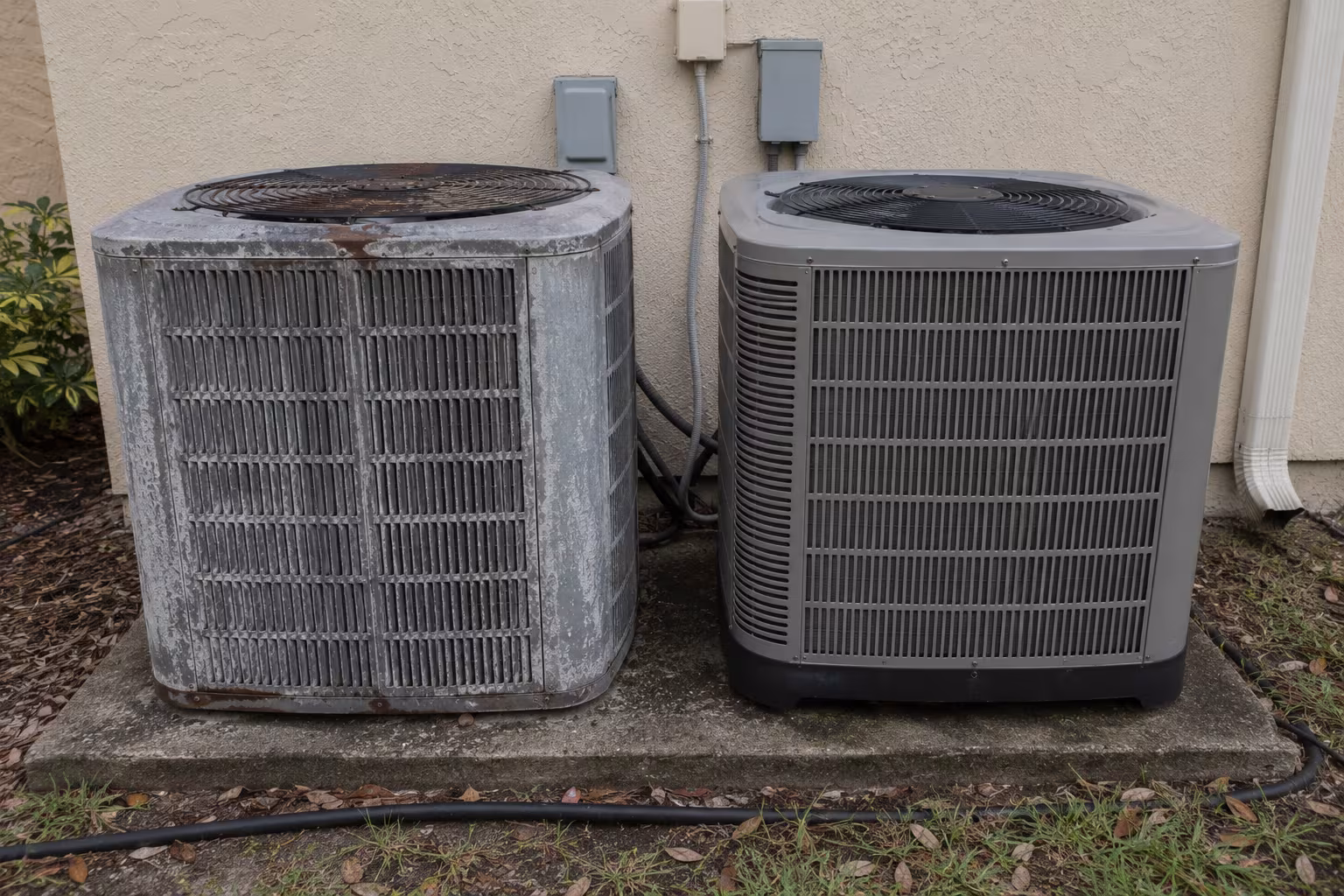 Two AC condenser units of different ages side by side on a Florida concrete pad